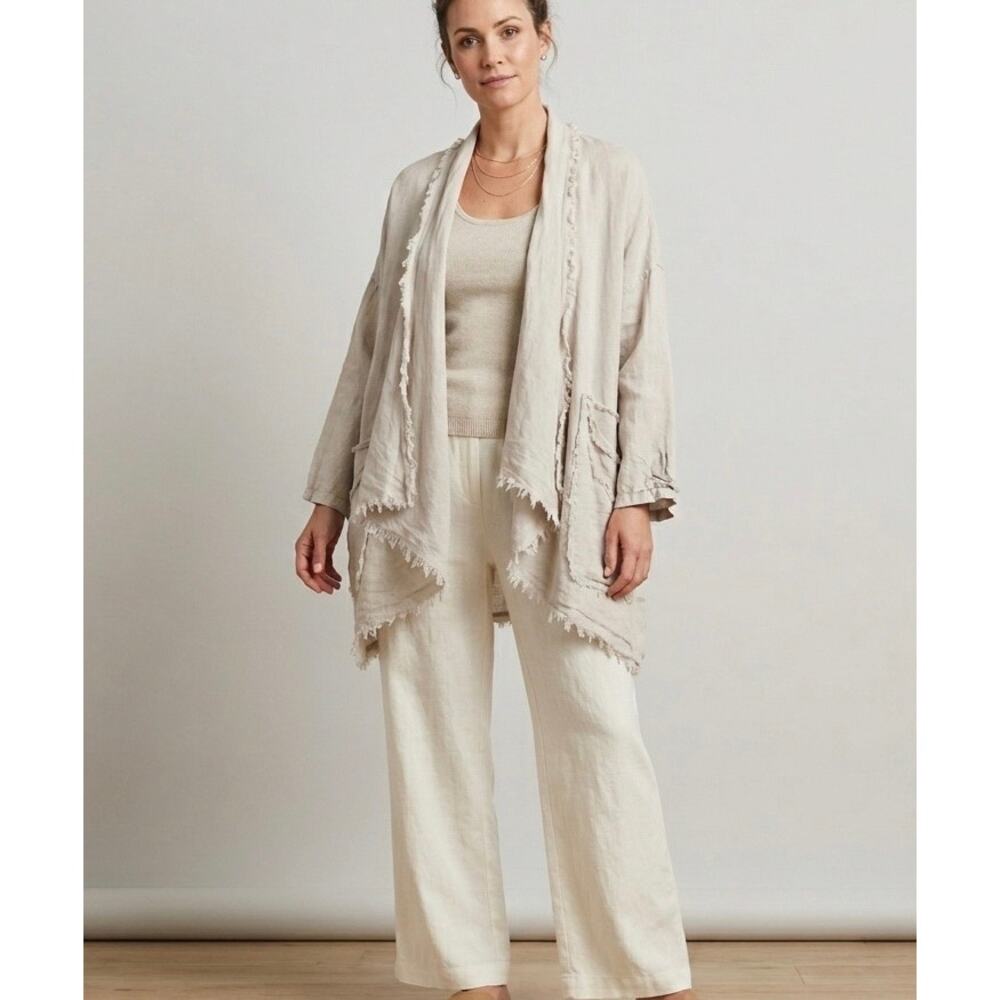 MARISIMA Italy Linen Cardigan Wrap Jacket One Size Raw Hem Boho Lagenlook
